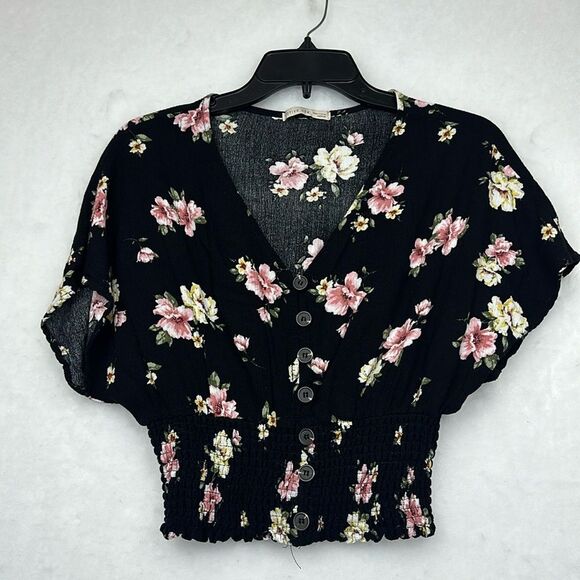 Junior's Smocked Floral Print Top Black Sz M - Picture 1 of 5